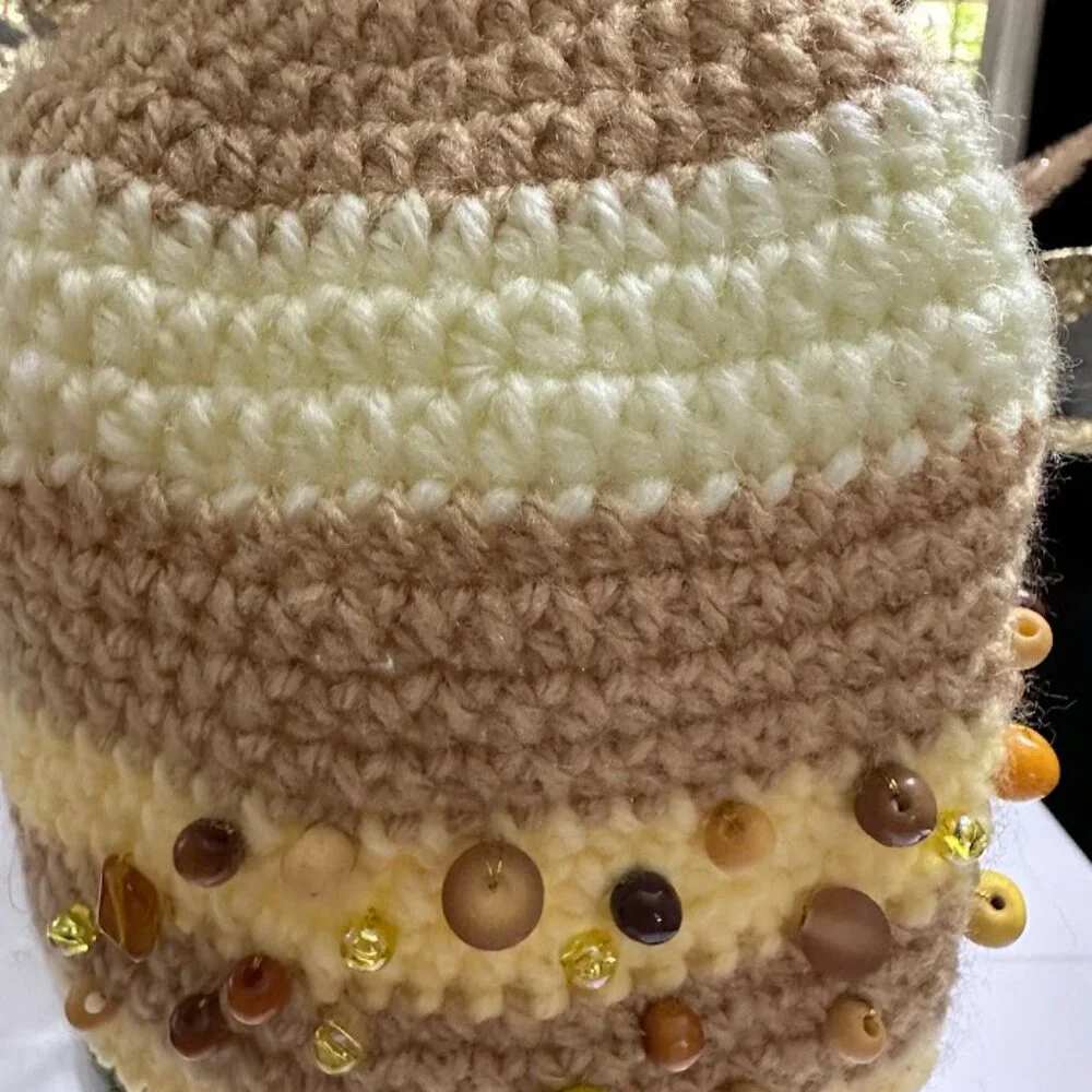 Handmade Crochet Beanie Hat With Pom Pom And Amber Bead Embellishments